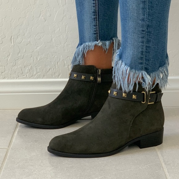 Moss Green Fierce Studded Strap Edge Ankle Bootie - Picture 3 of 8